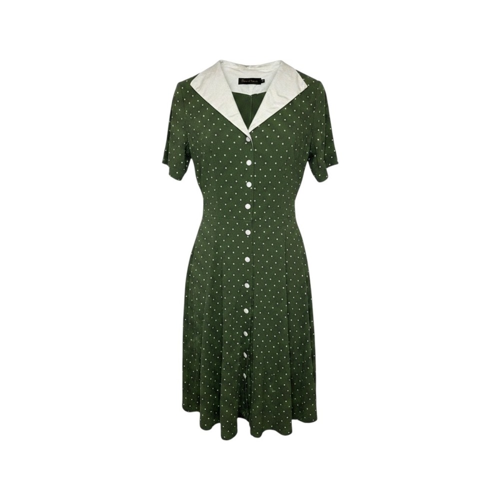 GownTown 2XL Green Polka Dot Midi Dress Retro Cottagecore Button Front Collar